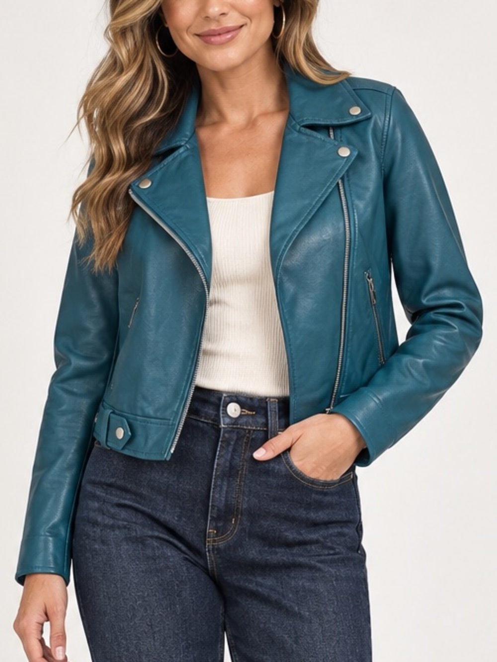 Coffee Shop New York Teal Faux Leather Moto Biker Jacket Silver Zip XS
